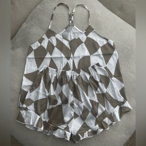 Olive and White Geometric Print Satin PJ Set